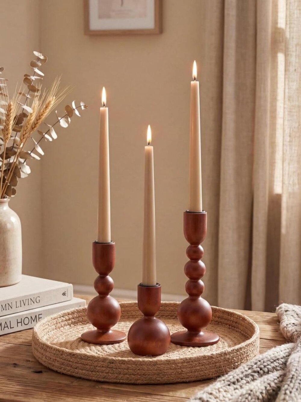 Set of 3 Rustic Wooden Taper Candle Holders - Brown Decorative Candlesticks